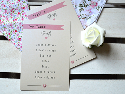 I Do Table Plan cards with guest lists in, pink on ivory cardstock